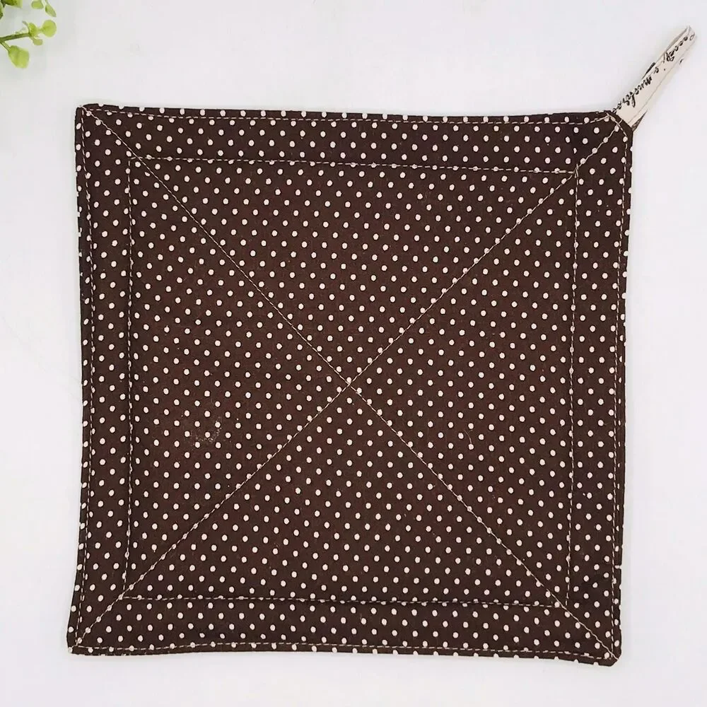 1 Square Potholders, Brown W Dots, Cottage Core Kitchen 7x7 Inches